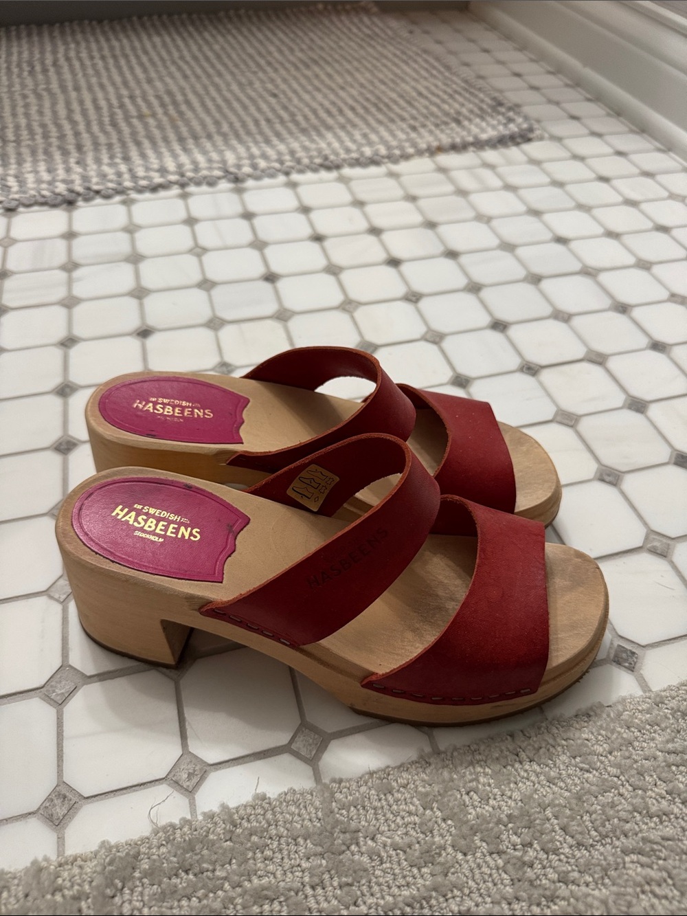 Swedish Hasbeens Red Leather Two-Band Sandal Clogs